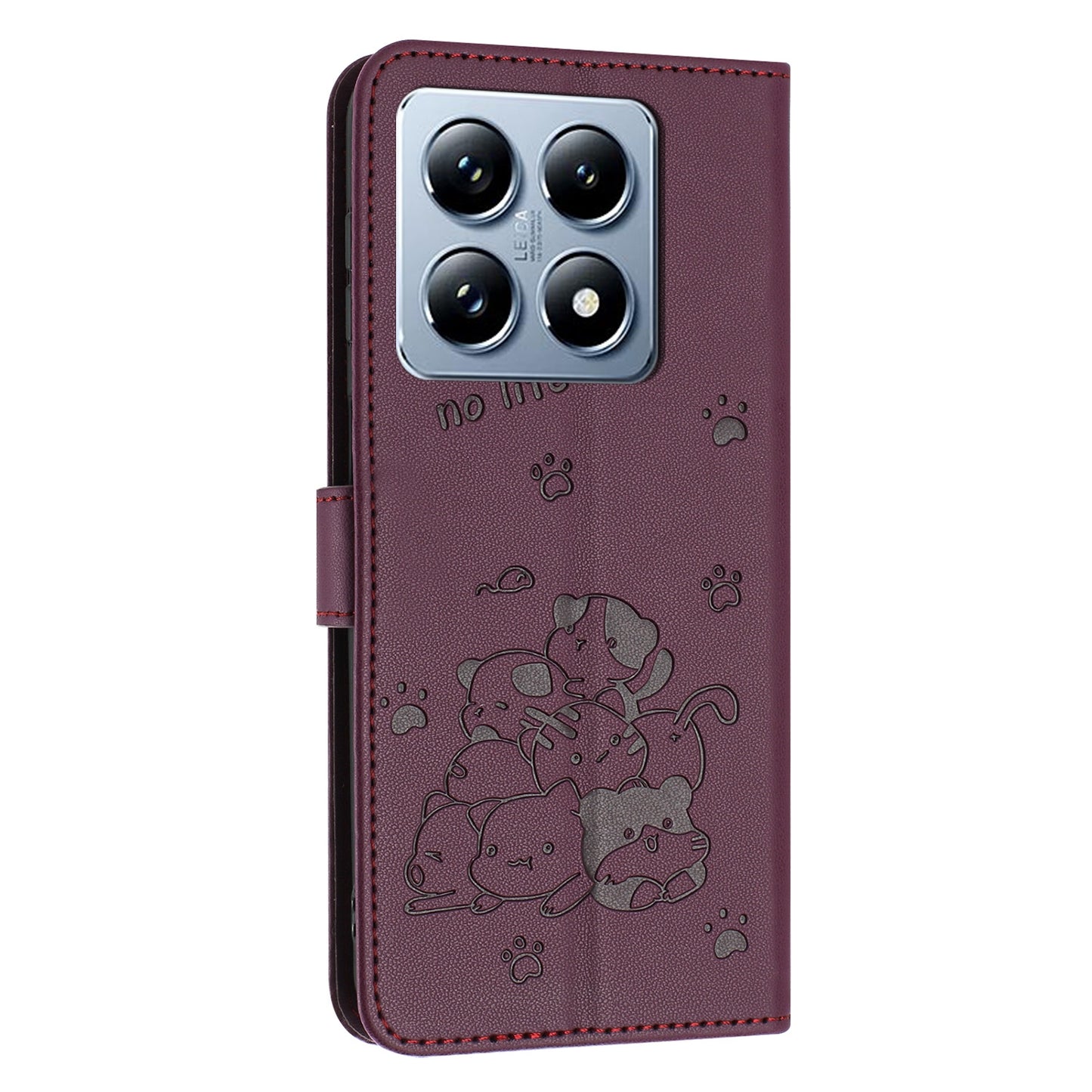 Xiaomi 14T Embossed Kitten PU Leather Wallet Case with Card Slots, Cash Pocket, Kickstand Function, Wrist Lanyard Strap, Full Protective TPU Flip Cover