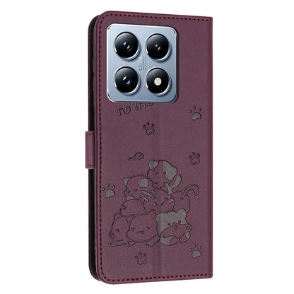 Xiaomi 14T Embossed Kitten PU Leather Wallet Case with Card Slots, Cash Pocket, Kickstand Function, Wrist Lanyard Strap, Full Protective TPU Flip Cover