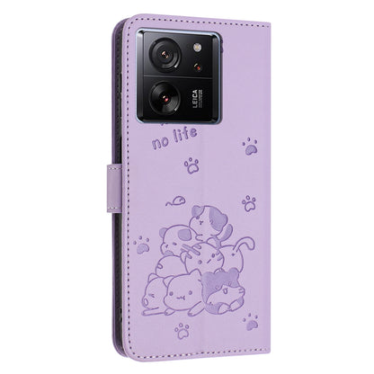 Xiaomi 13T Embossed Kitten PU Leather Wallet Case with Card Slots, Cash Pocket, Kickstand Function, Wrist Lanyard Strap, Full Protective TPU Flip Cover