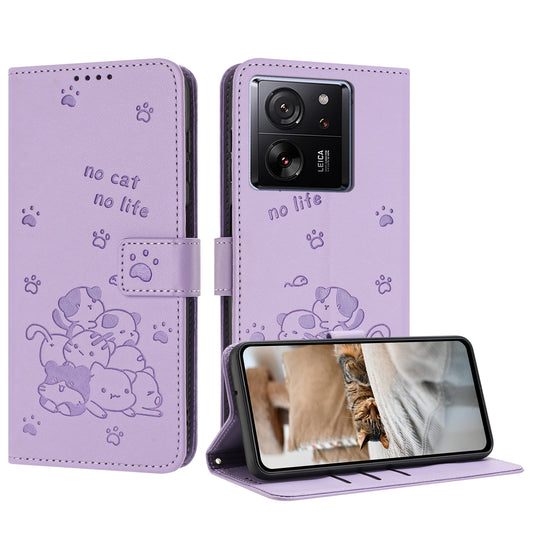 Xiaomi 13T Pro Embossed Kitten PU Leather Wallet Case with Card Slots, Cash Pocket, Kickstand Function, Wrist Lanyard Strap, Full Protective TPU Flip Cover