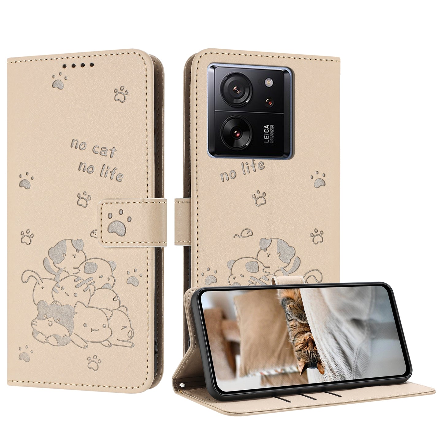 Xiaomi 13T Pro Embossed Kitten PU Leather Wallet Case with Card Slots, Cash Pocket, Kickstand Function, Wrist Lanyard Strap, Full Protective TPU Flip Cover
