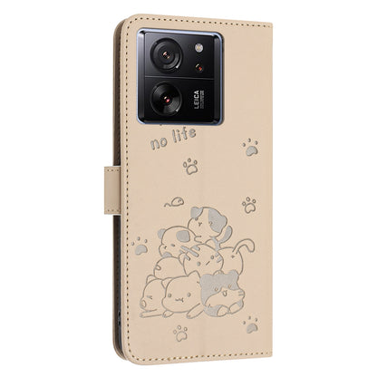 Xiaomi 13T Embossed Kitten PU Leather Wallet Case with Card Slots, Cash Pocket, Kickstand Function, Wrist Lanyard Strap, Full Protective TPU Flip Cover