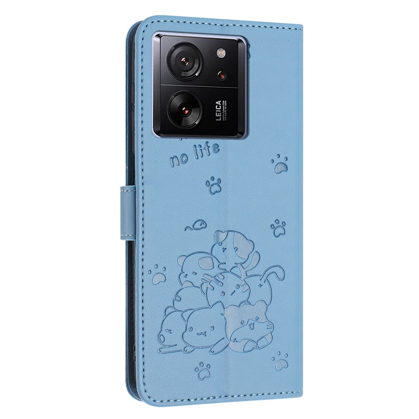 Xiaomi 13T Embossed Kitten PU Leather Wallet Case with Card Slots, Cash Pocket, Kickstand Function, Wrist Lanyard Strap, Full Protective TPU Flip Cover