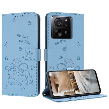 Xiaomi 13T Pro Embossed Kitten PU Leather Wallet Case with Card Slots, Cash Pocket, Kickstand Function, Wrist Lanyard Strap, Full Protective TPU Flip Cover