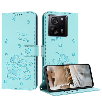 Xiaomi 13T Pro Embossed Kitten PU Leather Wallet Case with Card Slots, Cash Pocket, Kickstand Function, Wrist Lanyard Strap, Full Protective TPU Flip Cover
