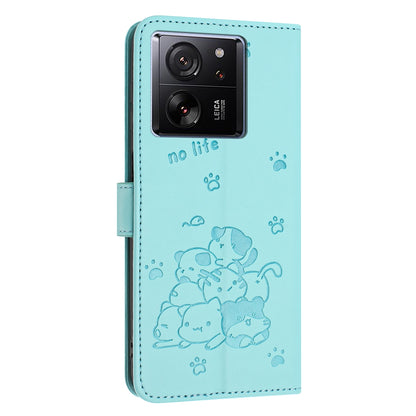 Xiaomi 13T Pro Embossed Kitten PU Leather Wallet Case with Card Slots, Cash Pocket, Kickstand Function, Wrist Lanyard Strap, Full Protective TPU Flip Cover