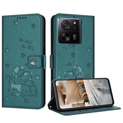 Xiaomi 13T Embossed Kitten PU Leather Wallet Case with Card Slots, Cash Pocket, Kickstand Function, Wrist Lanyard Strap, Full Protective TPU Flip Cover