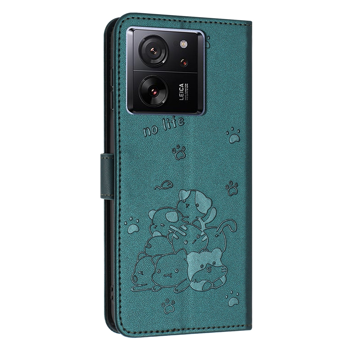Xiaomi 13T Embossed Kitten PU Leather Wallet Case with Card Slots, Cash Pocket, Kickstand Function, Wrist Lanyard Strap, Full Protective TPU Flip Cover