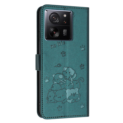Xiaomi 13T Pro Embossed Kitten PU Leather Wallet Case with Card Slots, Cash Pocket, Kickstand Function, Wrist Lanyard Strap, Full Protective TPU Flip Cover