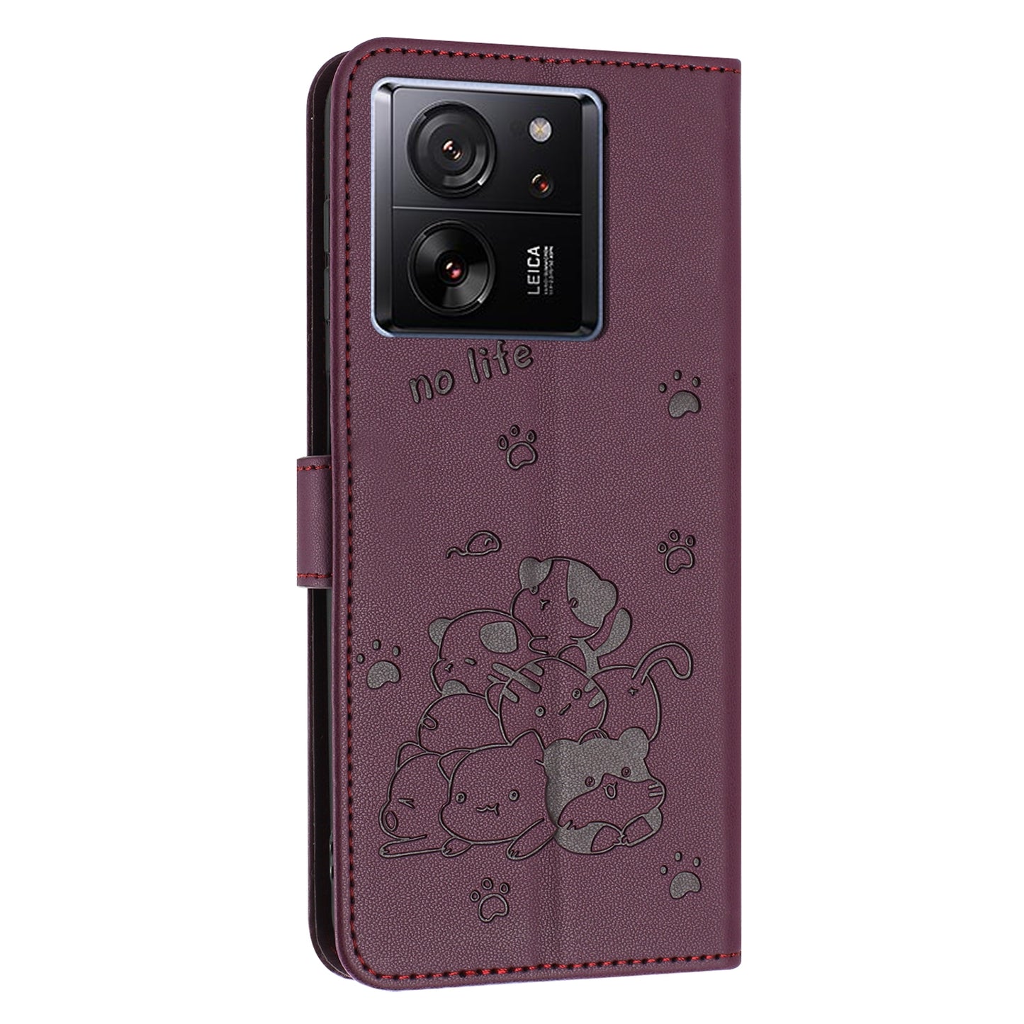 Xiaomi 13T Embossed Kitten PU Leather Wallet Case with Card Slots, Cash Pocket, Kickstand Function, Wrist Lanyard Strap, Full Protective TPU Flip Cover