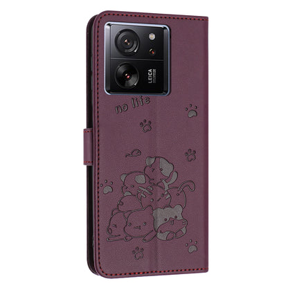 Xiaomi 13T Embossed Kitten PU Leather Wallet Case with Card Slots, Cash Pocket, Kickstand Function, Wrist Lanyard Strap, Full Protective TPU Flip Cover