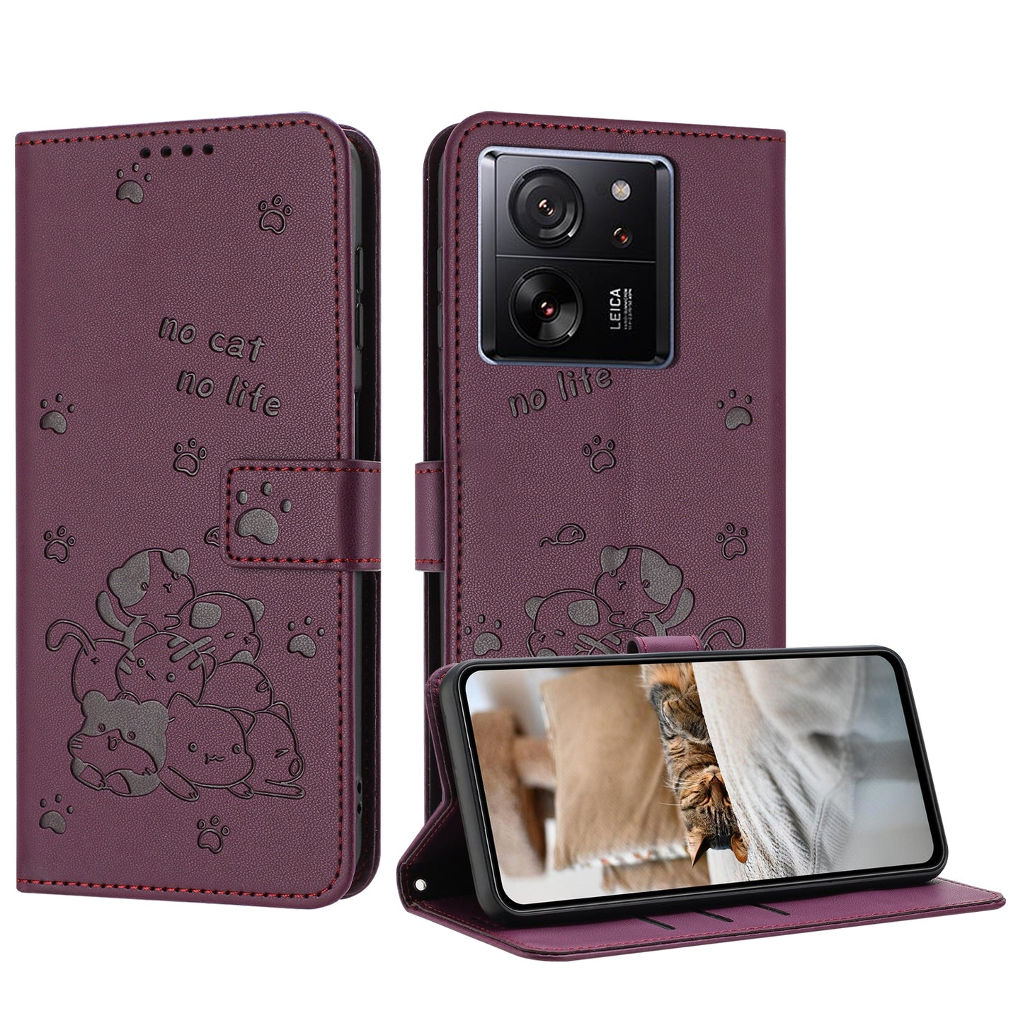 Xiaomi 13T Pro Embossed Kitten PU Leather Wallet Case with Card Slots, Cash Pocket, Kickstand Function, Wrist Lanyard Strap, Full Protective TPU Flip Cover