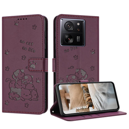 Xiaomi 13T Pro Embossed Kitten PU Leather Wallet Case with Card Slots, Cash Pocket, Kickstand Function, Wrist Lanyard Strap, Full Protective TPU Flip Cover