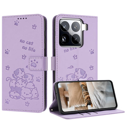 Xiaomi 15 Pro Embossed Kitten PU Leather Wallet Case with Card Slots, Cash Pocket, Kickstand Function, Wrist Lanyard Strap, Full Protective TPU Flip Cover