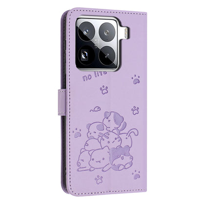 Xiaomi 15 Pro Embossed Kitten PU Leather Wallet Case with Card Slots, Cash Pocket, Kickstand Function, Wrist Lanyard Strap, Full Protective TPU Flip Cover