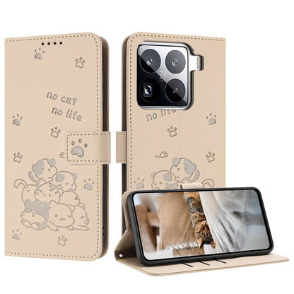 Xiaomi 15 Pro Embossed Kitten PU Leather Wallet Case with Card Slots, Cash Pocket, Kickstand Function, Wrist Lanyard Strap, Full Protective TPU Flip Cover