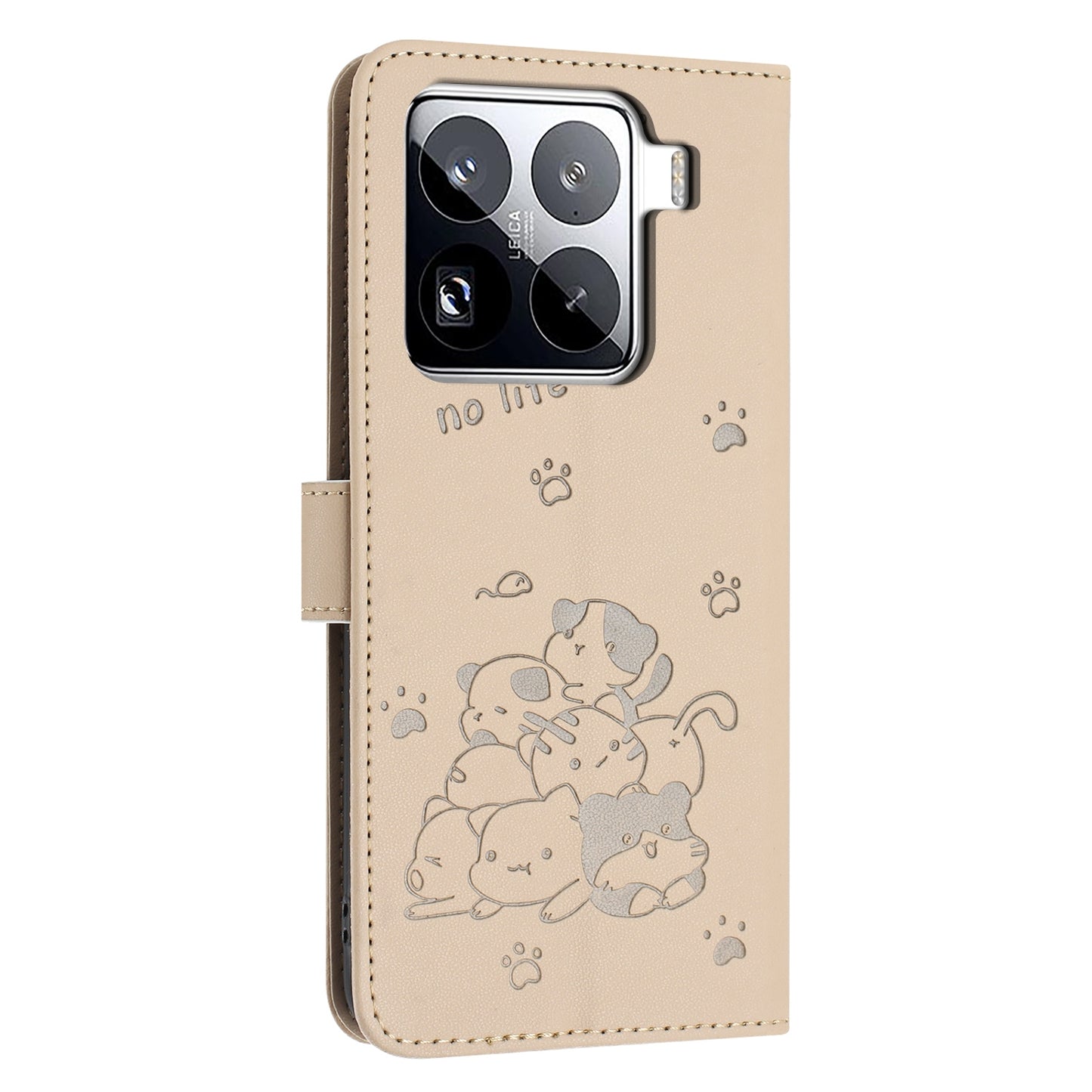 Xiaomi 15 Pro Embossed Kitten PU Leather Wallet Case with Card Slots, Cash Pocket, Kickstand Function, Wrist Lanyard Strap, Full Protective TPU Flip Cover