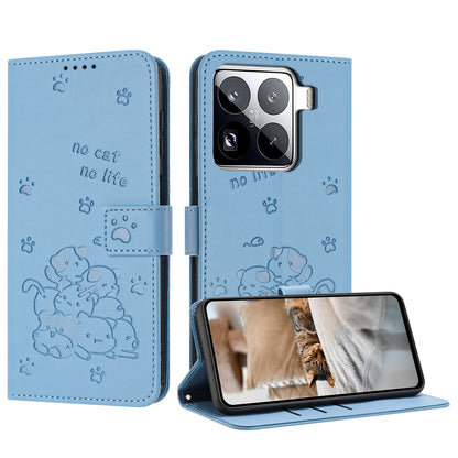 Xiaomi 15 Pro Embossed Kitten PU Leather Wallet Case with Card Slots, Cash Pocket, Kickstand Function, Wrist Lanyard Strap, Full Protective TPU Flip Cover