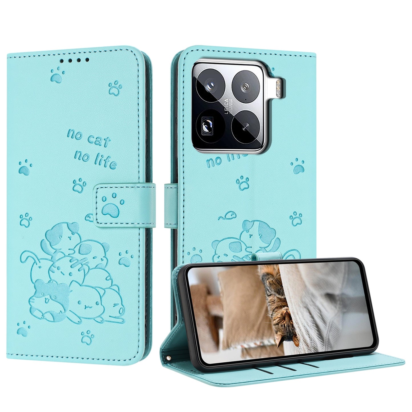 Xiaomi 15 Pro Embossed Kitten PU Leather Wallet Case with Card Slots, Cash Pocket, Kickstand Function, Wrist Lanyard Strap, Full Protective TPU Flip Cover