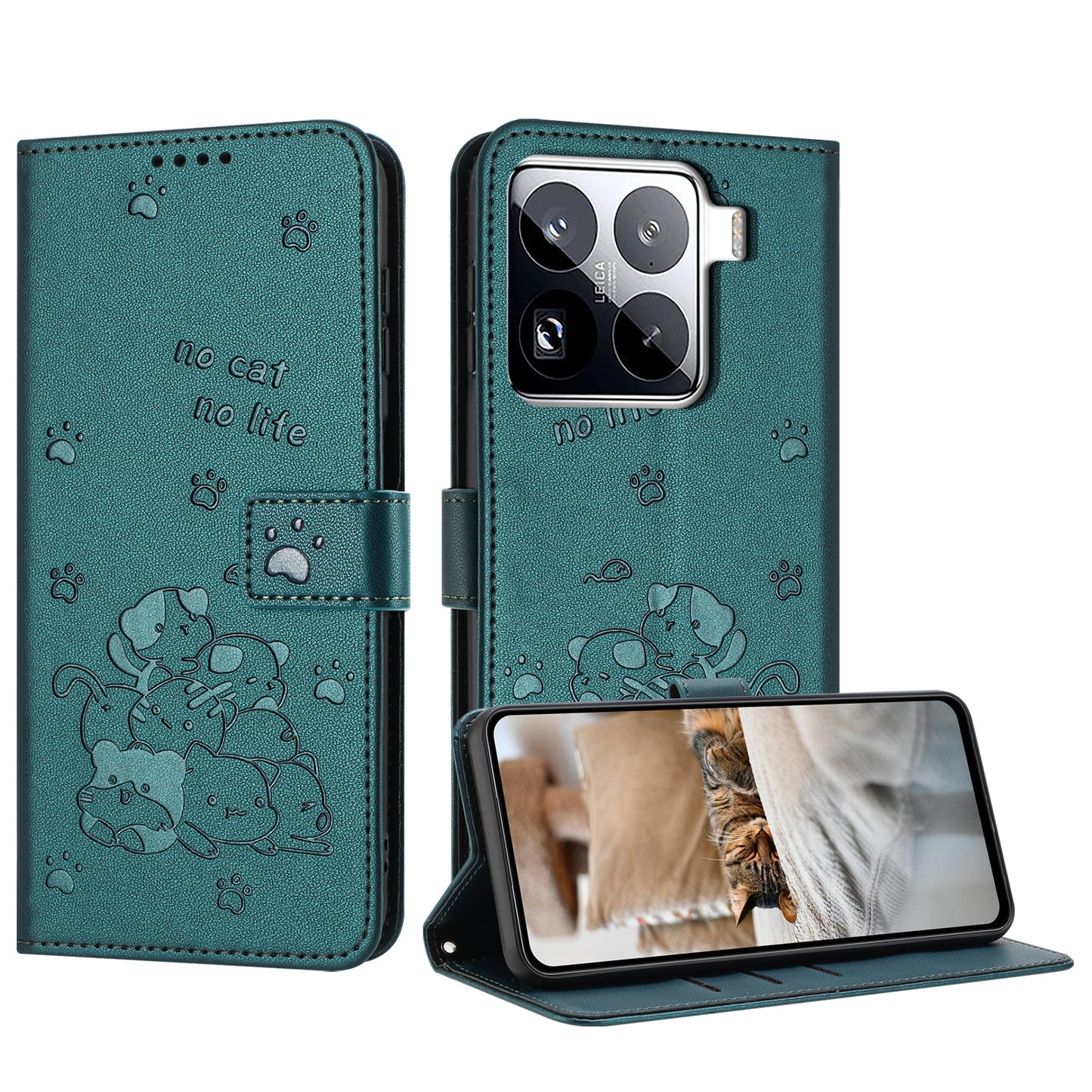 Xiaomi 15 Pro Embossed Kitten PU Leather Wallet Case with Card Slots, Cash Pocket, Kickstand Function, Wrist Lanyard Strap, Full Protective TPU Flip Cover
