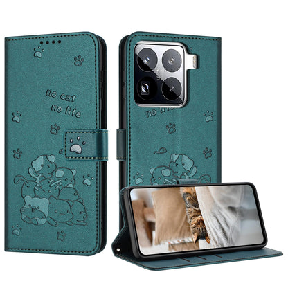 Xiaomi 15 Pro Embossed Kitten PU Leather Wallet Case with Card Slots, Cash Pocket, Kickstand Function, Wrist Lanyard Strap, Full Protective TPU Flip Cover
