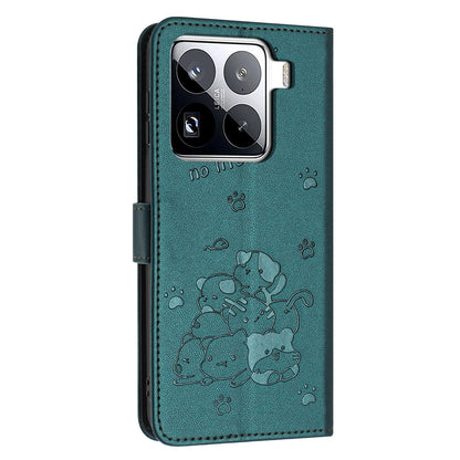 Xiaomi 15 Pro Embossed Kitten PU Leather Wallet Case with Card Slots, Cash Pocket, Kickstand Function, Wrist Lanyard Strap, Full Protective TPU Flip Cover
