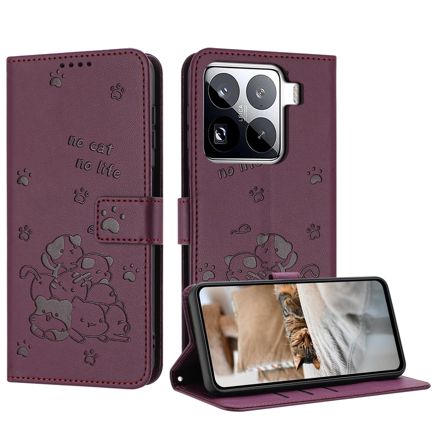 Xiaomi 15 Pro Embossed Kitten PU Leather Wallet Case with Card Slots, Cash Pocket, Kickstand Function, Wrist Lanyard Strap, Full Protective TPU Flip Cover