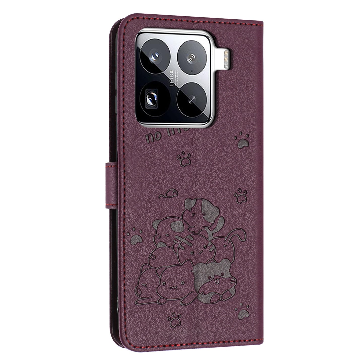 Xiaomi 15 Pro Embossed Kitten PU Leather Wallet Case with Card Slots, Cash Pocket, Kickstand Function, Wrist Lanyard Strap, Full Protective TPU Flip Cover