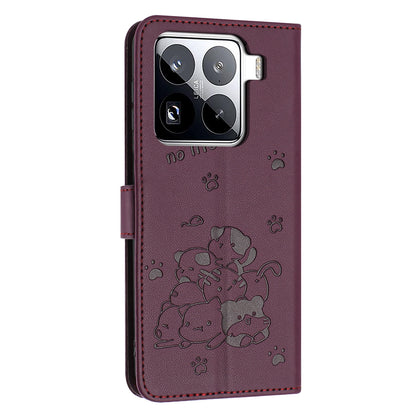 Xiaomi 15 Pro Embossed Kitten PU Leather Wallet Case with Card Slots, Cash Pocket, Kickstand Function, Wrist Lanyard Strap, Full Protective TPU Flip Cover