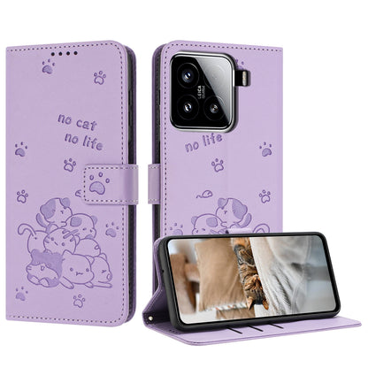 Xiaomi 15 Embossed Kitten PU Leather Wallet Case with Card Slots, Cash Pocket, Kickstand Function, Wrist Lanyard Strap, Full Protective TPU Flip Cover