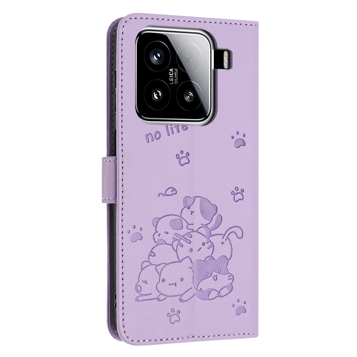 Xiaomi 15 Embossed Kitten PU Leather Wallet Case with Card Slots, Cash Pocket, Kickstand Function, Wrist Lanyard Strap, Full Protective TPU Flip Cover