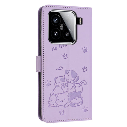 Xiaomi 15 Embossed Kitten PU Leather Wallet Case with Card Slots, Cash Pocket, Kickstand Function, Wrist Lanyard Strap, Full Protective TPU Flip Cover