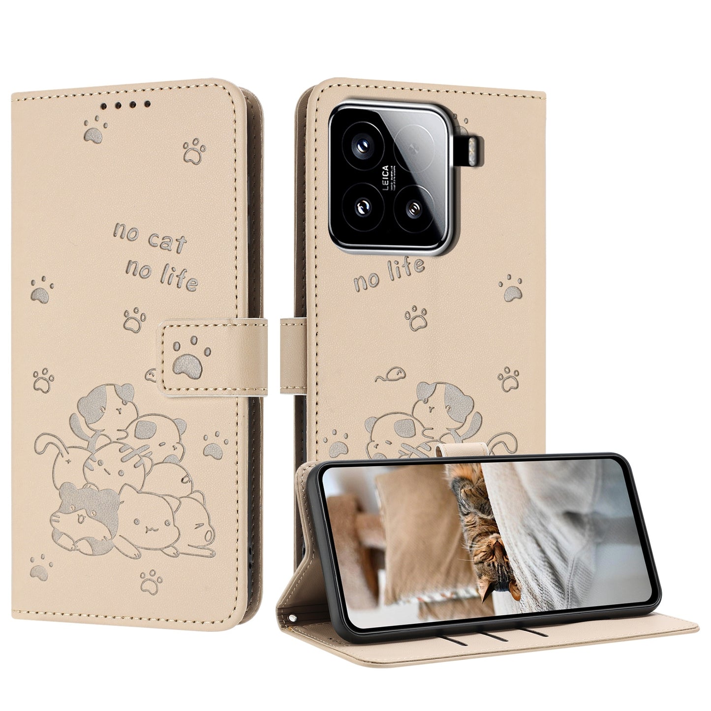 Xiaomi 15 Embossed Kitten PU Leather Wallet Case with Card Slots, Cash Pocket, Kickstand Function, Wrist Lanyard Strap, Full Protective TPU Flip Cover