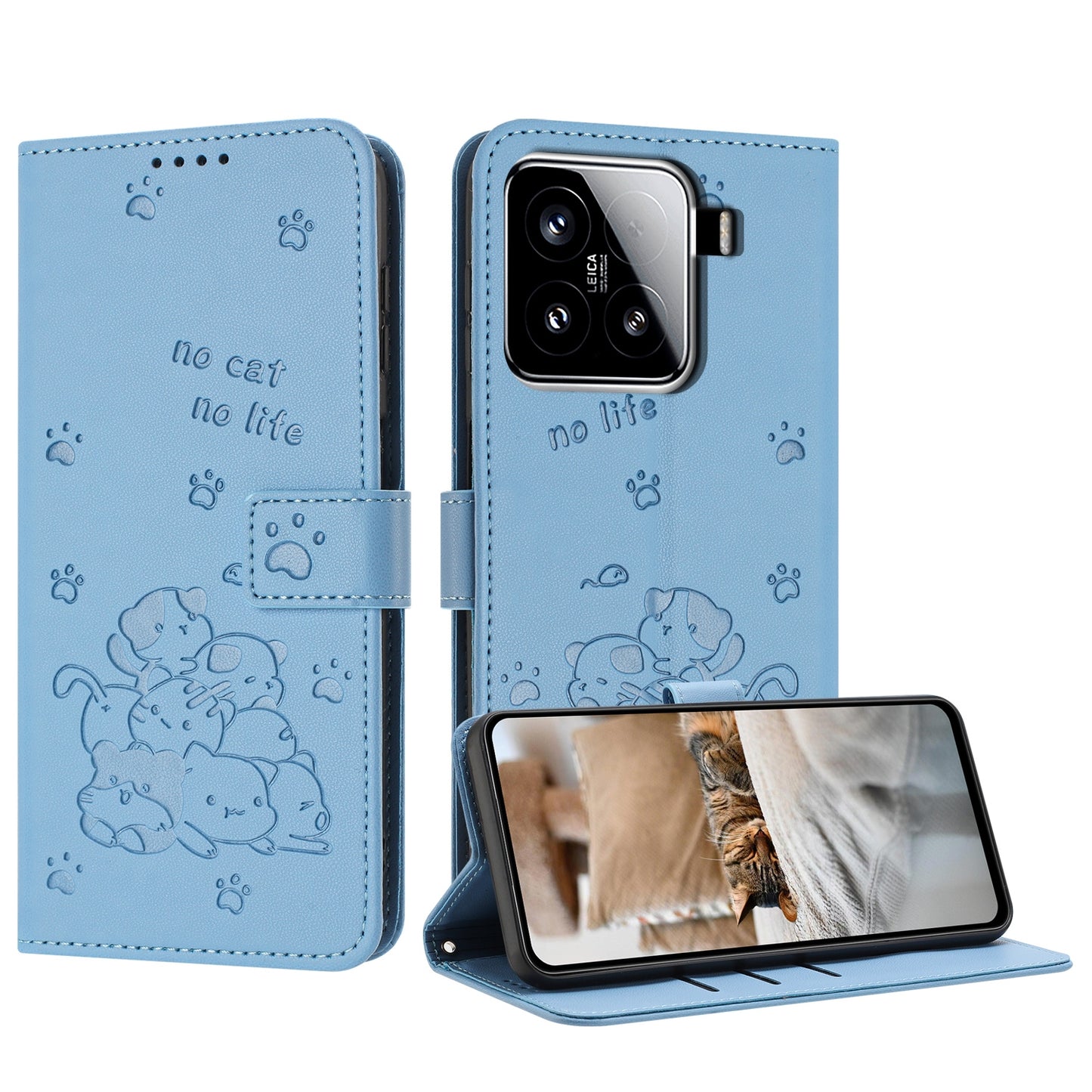 Xiaomi 15 Embossed Kitten PU Leather Wallet Case with Card Slots, Cash Pocket, Kickstand Function, Wrist Lanyard Strap, Full Protective TPU Flip Cover
