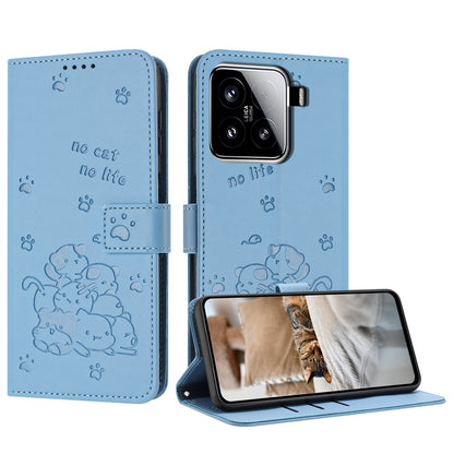 Xiaomi 15 Embossed Kitten PU Leather Wallet Case with Card Slots, Cash Pocket, Kickstand Function, Wrist Lanyard Strap, Full Protective TPU Flip Cover