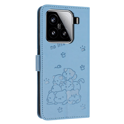 Xiaomi 15 Embossed Kitten PU Leather Wallet Case with Card Slots, Cash Pocket, Kickstand Function, Wrist Lanyard Strap, Full Protective TPU Flip Cover