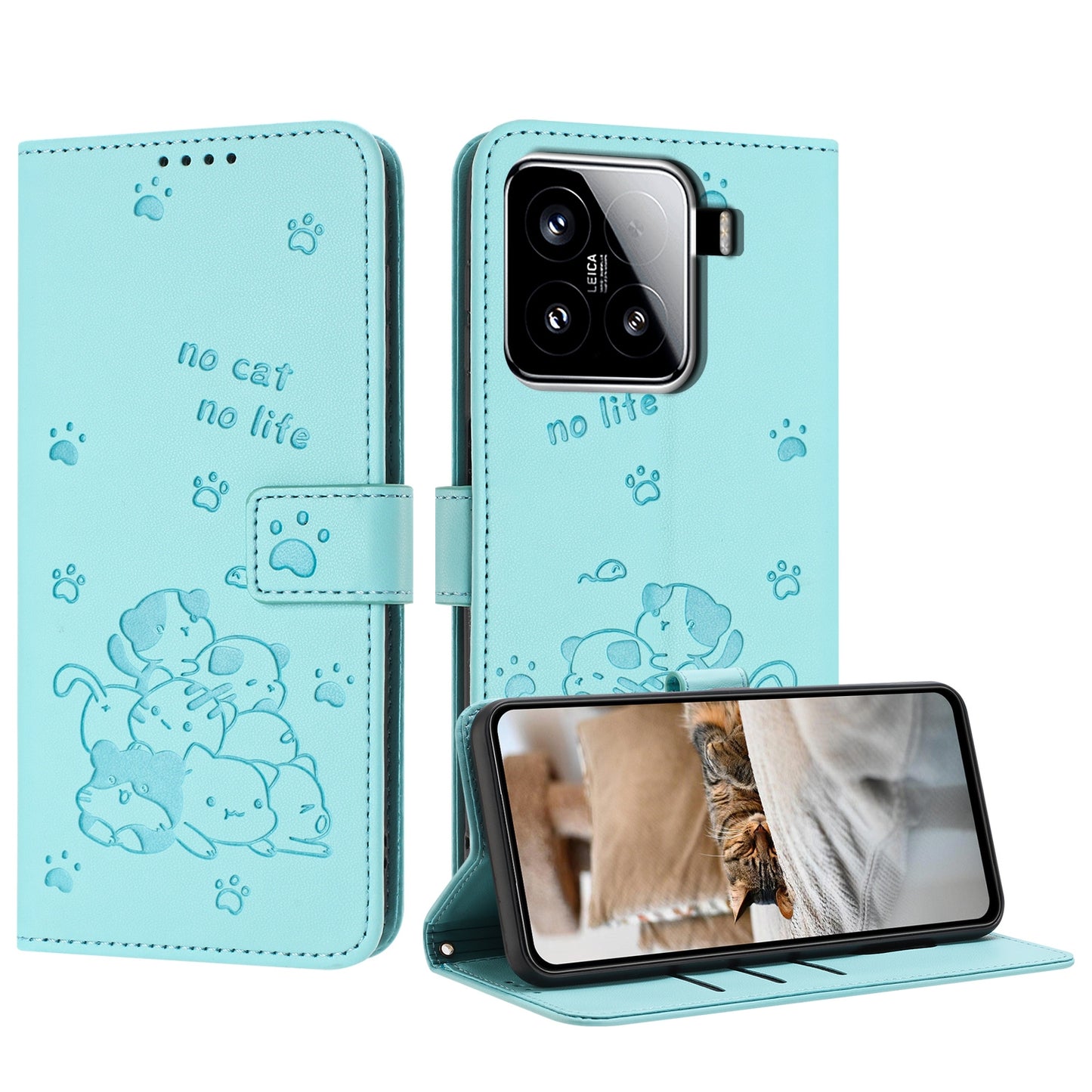 Xiaomi 15 Embossed Kitten PU Leather Wallet Case with Card Slots, Cash Pocket, Kickstand Function, Wrist Lanyard Strap, Full Protective TPU Flip Cover