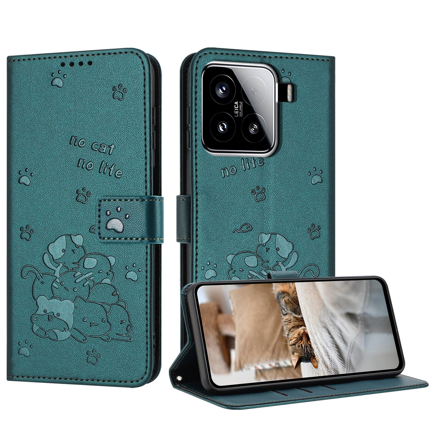 Xiaomi 15 Embossed Kitten PU Leather Wallet Case with Card Slots, Cash Pocket, Kickstand Function, Wrist Lanyard Strap, Full Protective TPU Flip Cover
