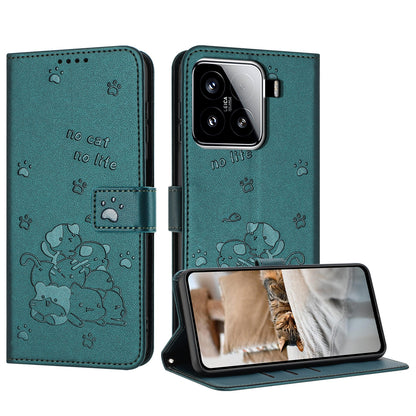 Xiaomi 15 Embossed Kitten PU Leather Wallet Case with Card Slots, Cash Pocket, Kickstand Function, Wrist Lanyard Strap, Full Protective TPU Flip Cover