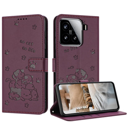 Xiaomi 15 Embossed Kitten PU Leather Wallet Case with Card Slots, Cash Pocket, Kickstand Function, Wrist Lanyard Strap, Full Protective TPU Flip Cover