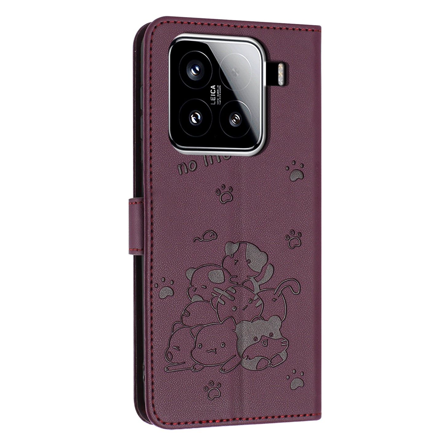 Xiaomi 15 Embossed Kitten PU Leather Wallet Case with Card Slots, Cash Pocket, Kickstand Function, Wrist Lanyard Strap, Full Protective TPU Flip Cover