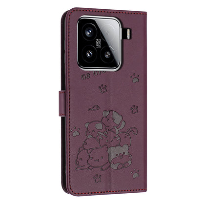Xiaomi 15 Embossed Kitten PU Leather Wallet Case with Card Slots, Cash Pocket, Kickstand Function, Wrist Lanyard Strap, Full Protective TPU Flip Cover
