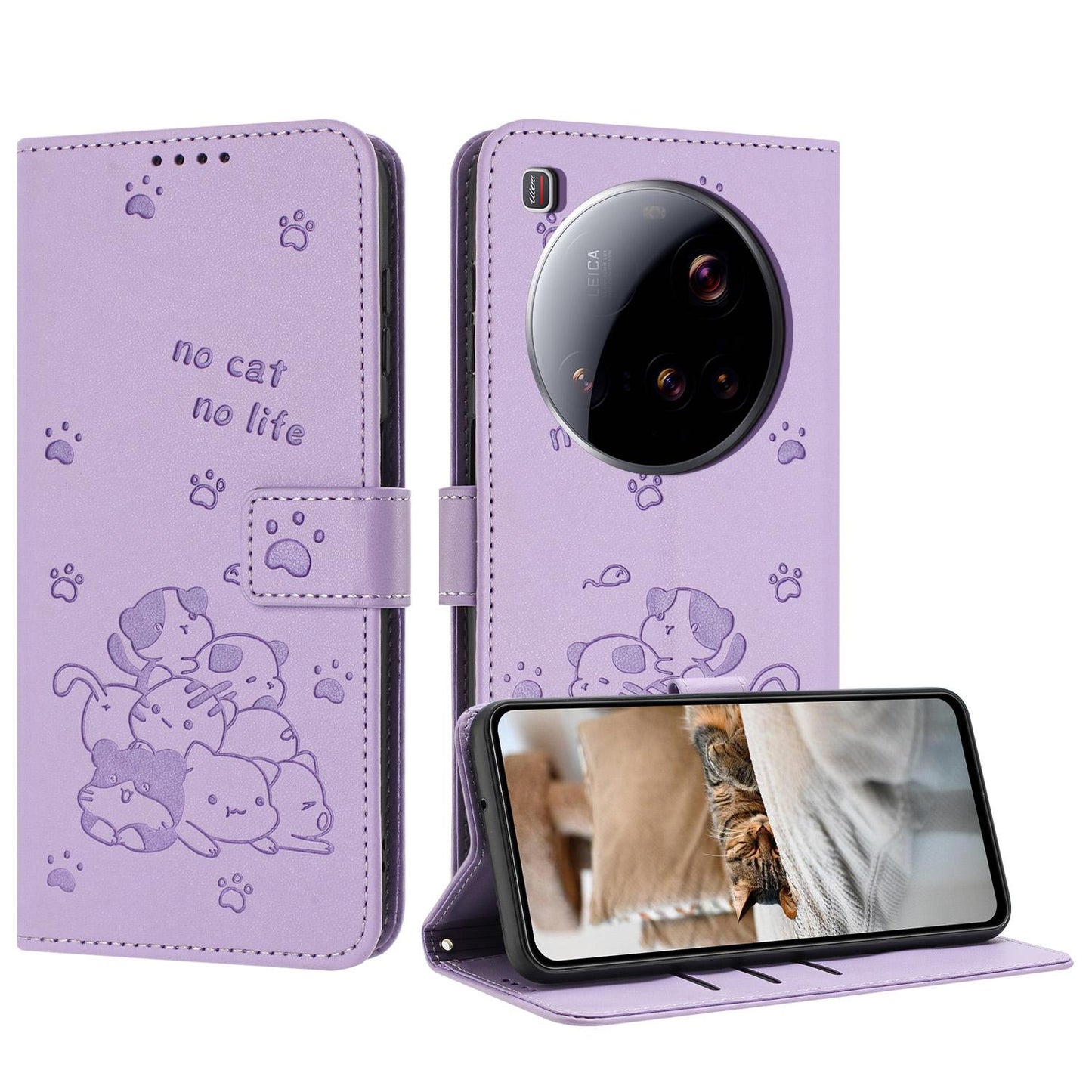 Xiaomi 15 Ultra Embossed Kitten PU Leather Wallet Case with Card Slots, Cash Pocket, Kickstand Function, Wrist Lanyard Strap, Full Protective TPU Flip Cover