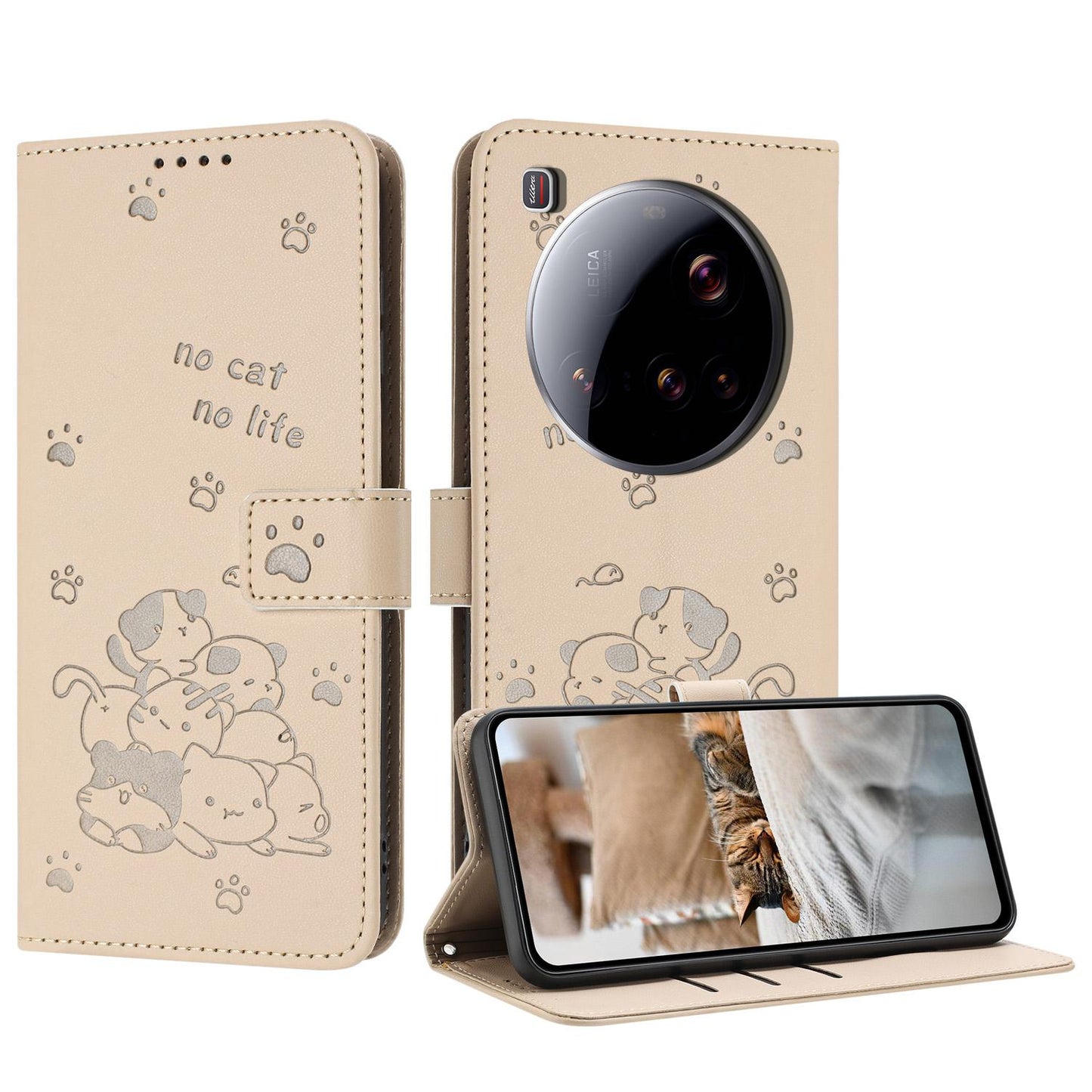 Xiaomi 15 Ultra Embossed Kitten PU Leather Wallet Case with Card Slots, Cash Pocket, Kickstand Function, Wrist Lanyard Strap, Full Protective TPU Flip Cover