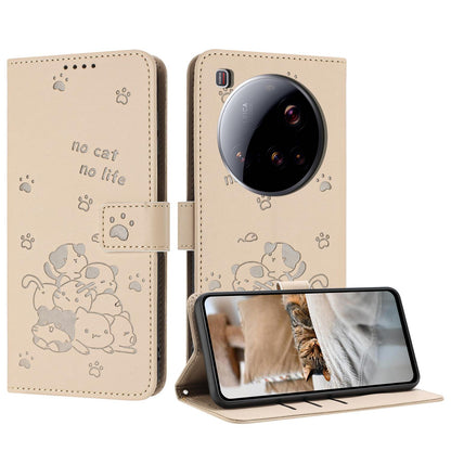 Xiaomi 15 Ultra Embossed Kitten PU Leather Wallet Case with Card Slots, Cash Pocket, Kickstand Function, Wrist Lanyard Strap, Full Protective TPU Flip Cover