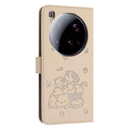 Xiaomi 15 Ultra Embossed Kitten PU Leather Wallet Case with Card Slots, Cash Pocket, Kickstand Function, Wrist Lanyard Strap, Full Protective TPU Flip Cover