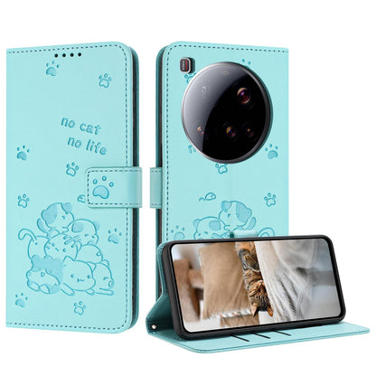Xiaomi 15 Ultra Embossed Kitten PU Leather Wallet Case with Card Slots, Cash Pocket, Kickstand Function, Wrist Lanyard Strap, Full Protective TPU Flip Cover