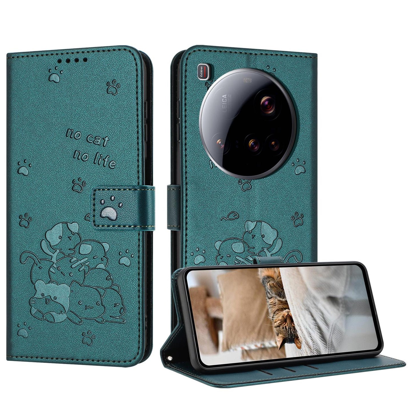 Xiaomi 15 Ultra Embossed Kitten PU Leather Wallet Case with Card Slots, Cash Pocket, Kickstand Function, Wrist Lanyard Strap, Full Protective TPU Flip Cover