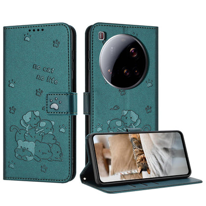 Xiaomi 15 Ultra Embossed Kitten PU Leather Wallet Case with Card Slots, Cash Pocket, Kickstand Function, Wrist Lanyard Strap, Full Protective TPU Flip Cover