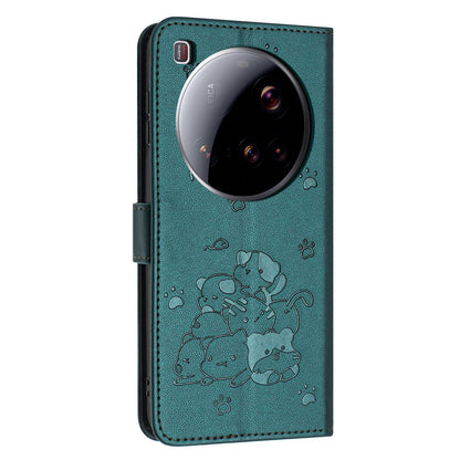 Xiaomi 15 Ultra Embossed Kitten PU Leather Wallet Case with Card Slots, Cash Pocket, Kickstand Function, Wrist Lanyard Strap, Full Protective TPU Flip Cover